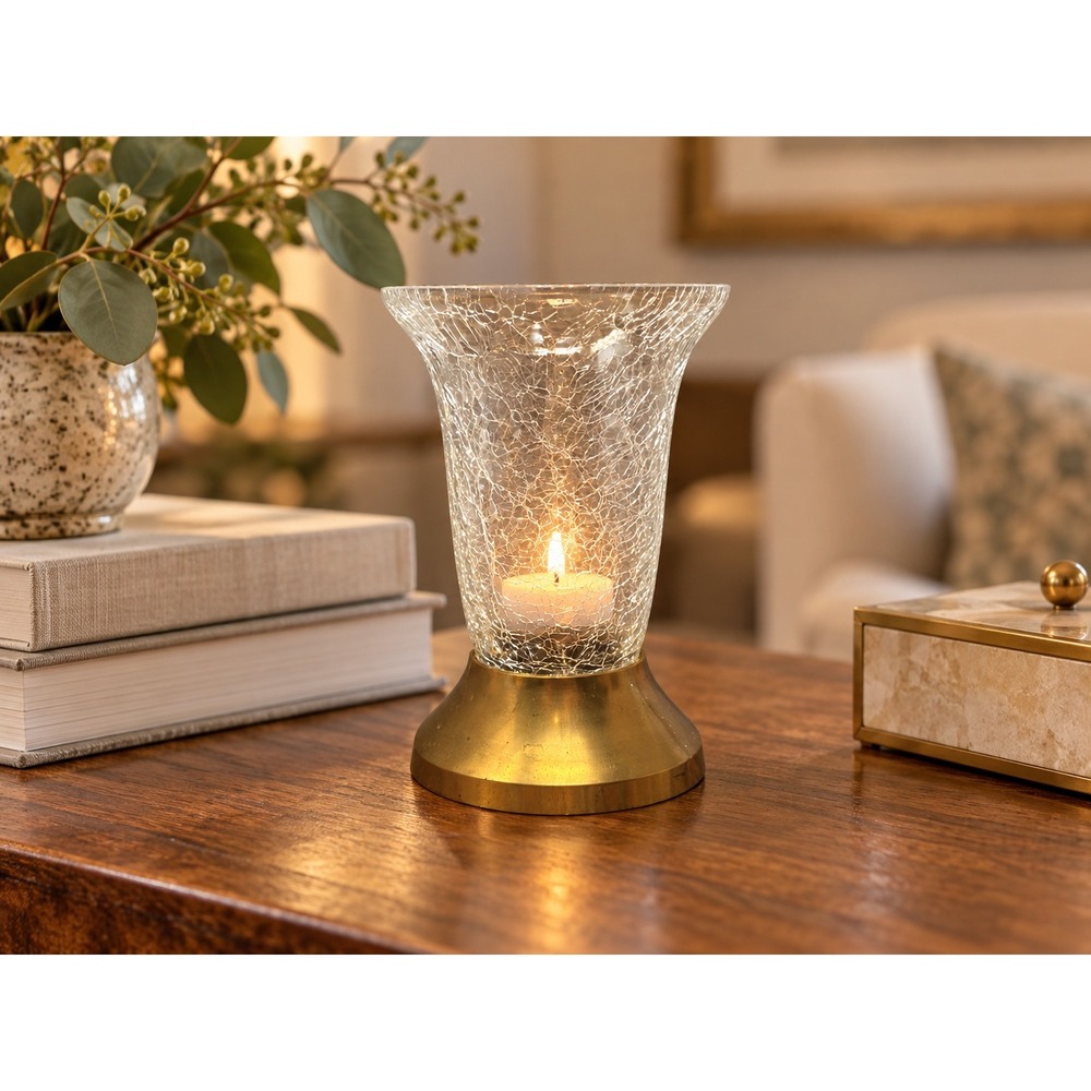 Vintage Crackle Glass Votive Candle Holder Brass Tone Pedestal 5.5"